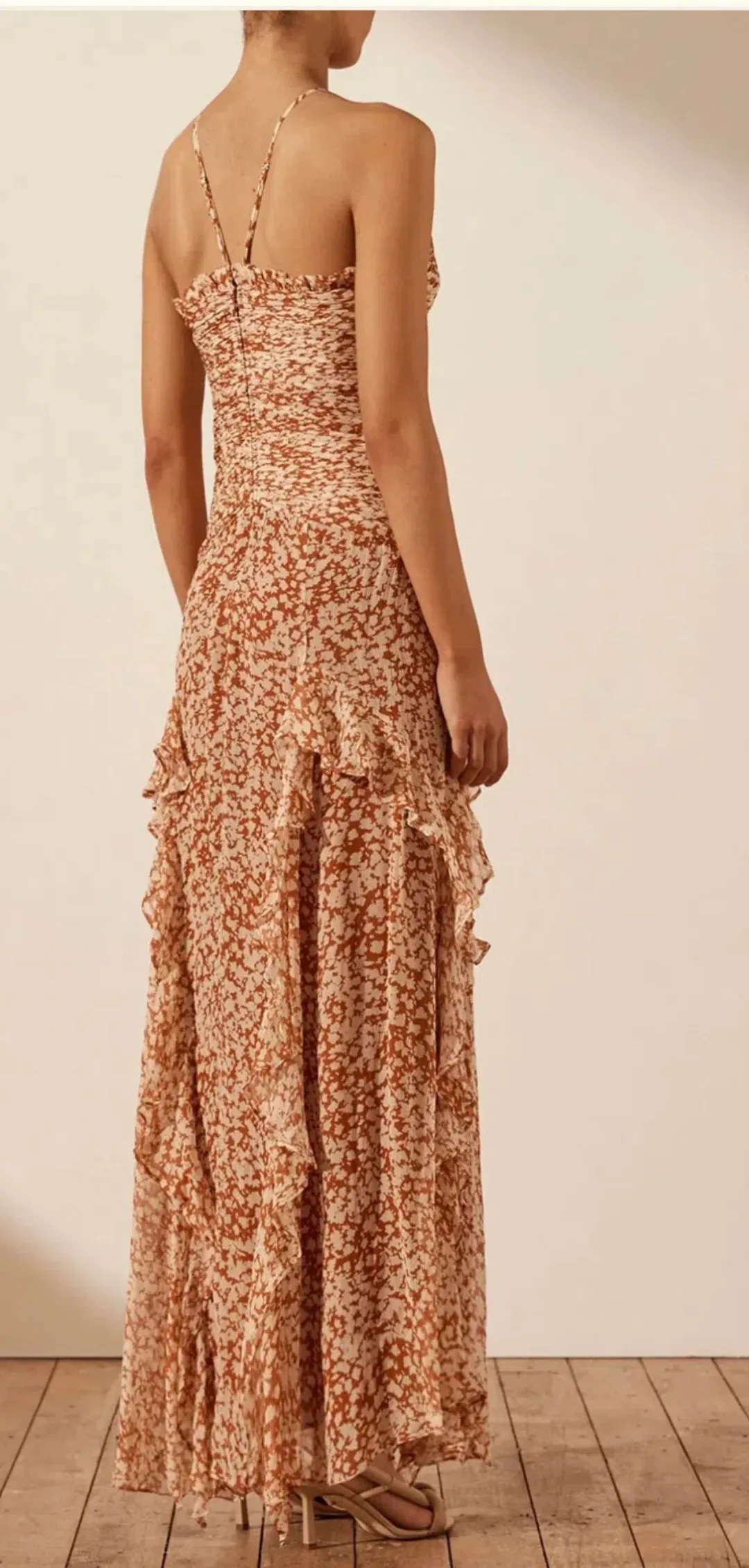 Shona Joy Hala Ruched Frill Maxi Dress Size 12 for rent on The Volte - main image