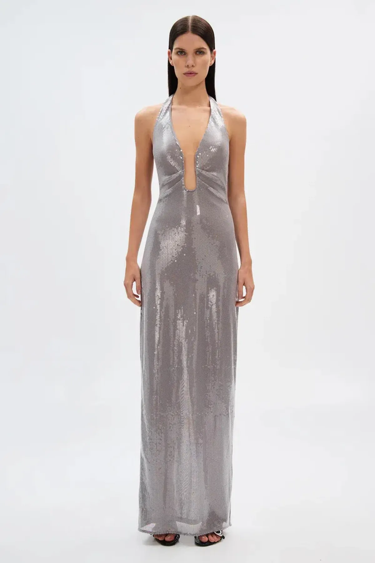 Misha The Alusia Maxi Dress Silver Sequin Size 8 for rent on The Volte - main image