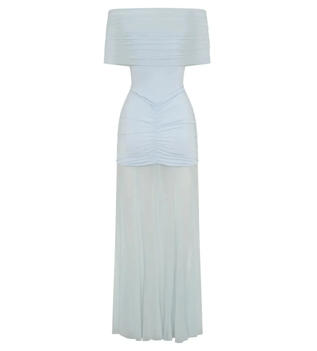 Meshki Caspian Slinky Mesh Off Shoulder Dress Pale Blue Size AU 8 for rent on The Volte - main image