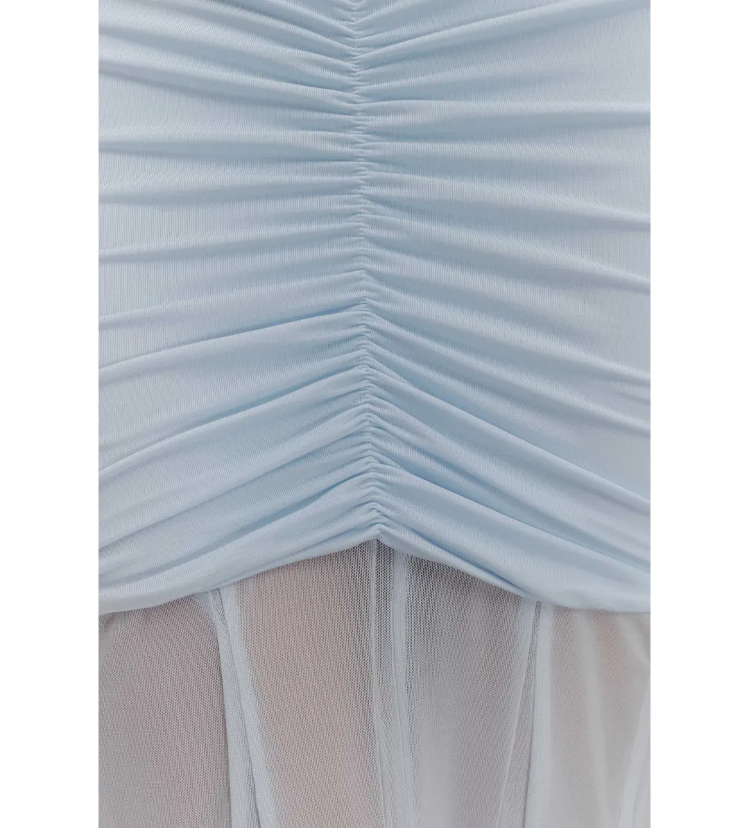 Meshki Caspian Slinky Mesh Off Shoulder Dress Pale Blue Size AU 8 for rent on The Volte - main image