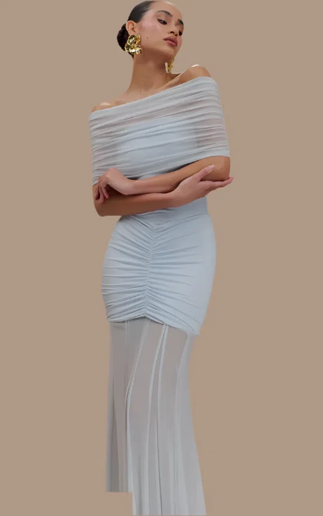 Meshki Caspian Slinky Mesh Off Shoulder Dress Blue Size 10 for rent on The Volte - main image