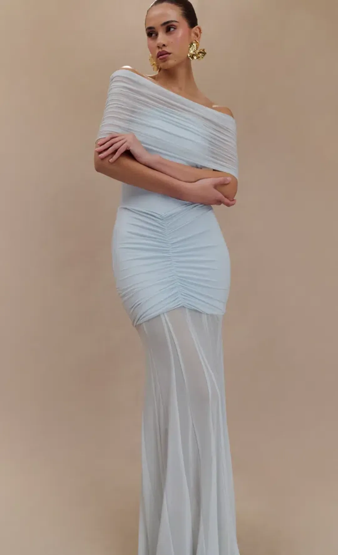 Meshki Caspian Slinky Mesh Off Shoulder Dress Blue Size 10 for rent on The Volte - main image