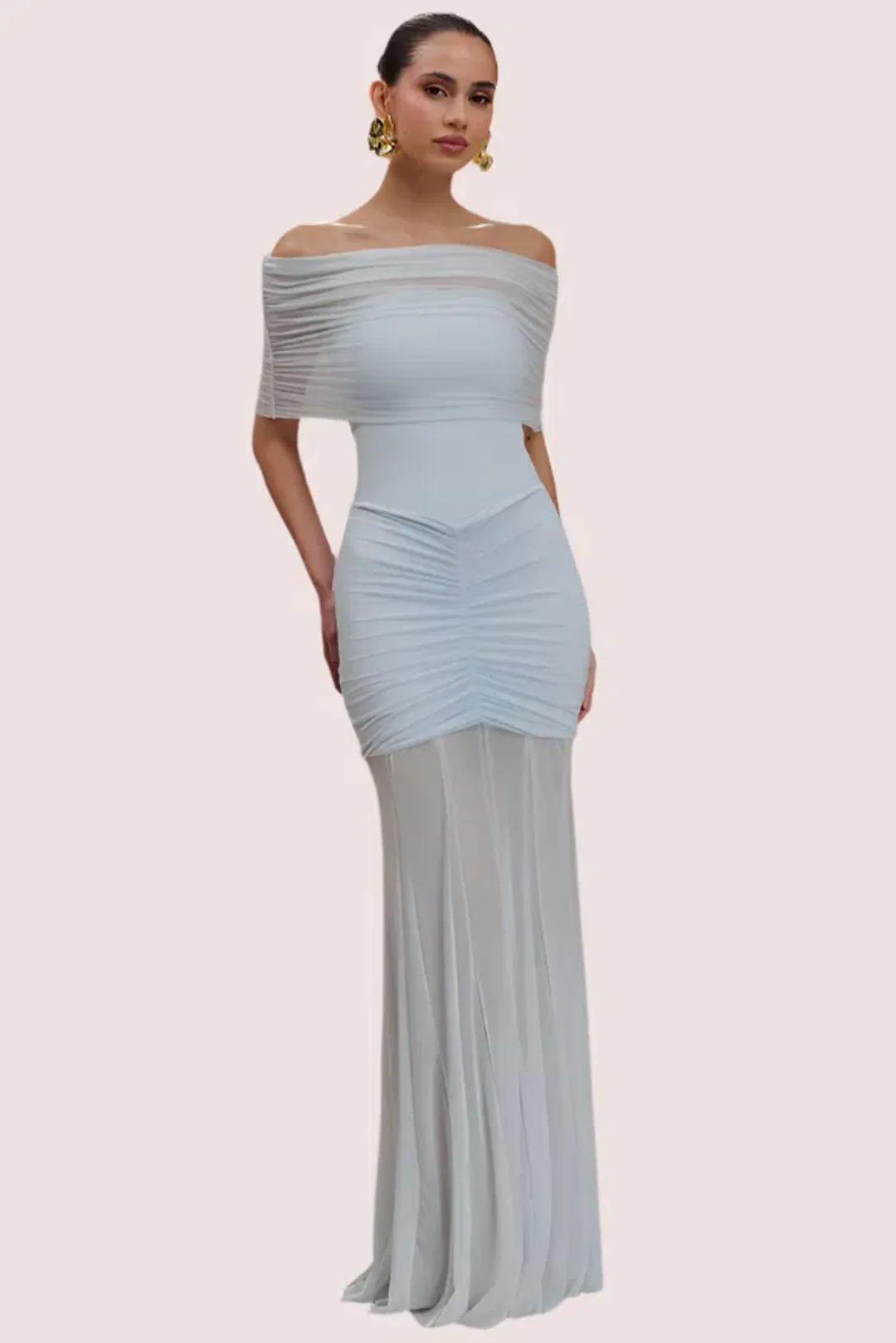 Meshki Caspian Slinky Mesh Off Shoulder Dress Blue Size 10 for rent on The Volte - main image