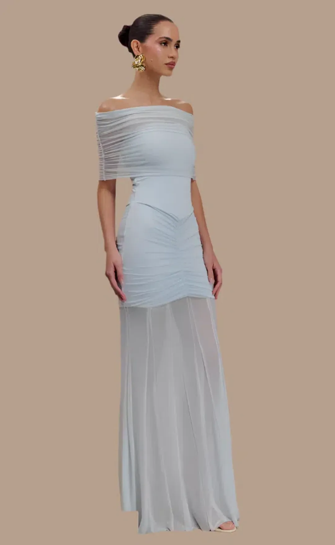 Meshki Caspian Slinky Mesh Off Shoulder Dress Blue Size 10 for rent on The Volte - main image