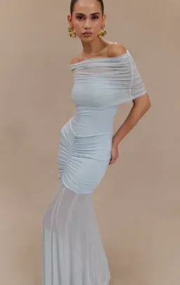 Meshki Caspian Slinky Mesh Off Shoulder Dress Blue Size 10 for rent on The Volte - image 5