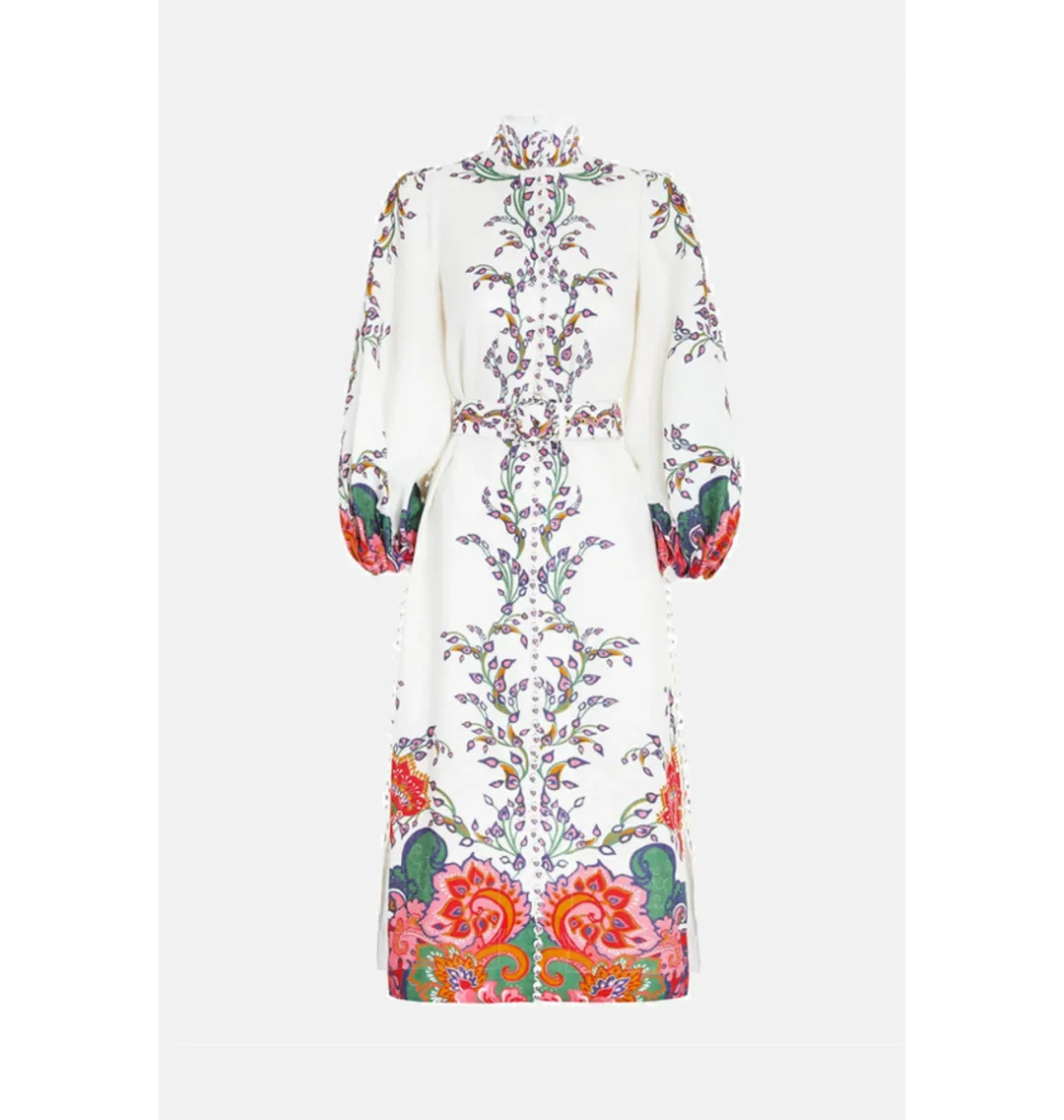 Zimmerman The Lovestruck Buttoned Midi Dress in Natural Paisley Floral Size 0 / AU 8 for rent on The Volte - main image