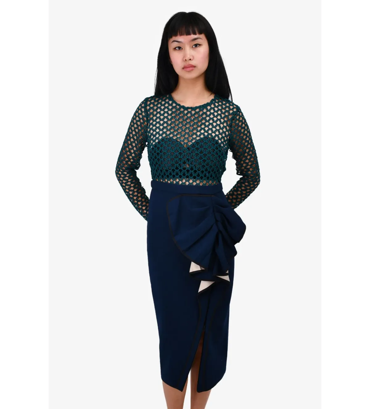 Self-Portrait Crochet Dress with Ruched Skirt Navy Blue/Teal Size 2/Au 6 - Image 2