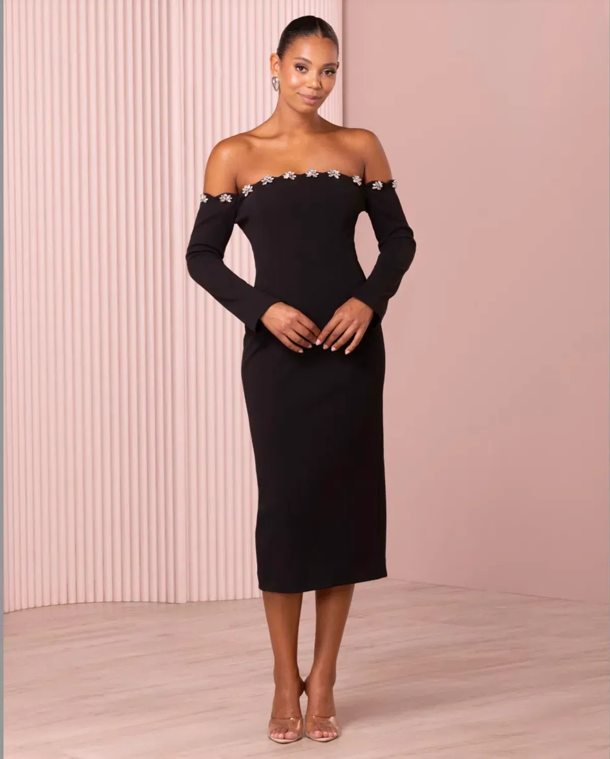 Azzurielle Ulyana Off Shoulder Black Midi Dress Size 8 - Image 1