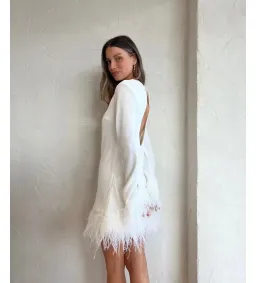 By Johnny Nicola Feather Trimmed Mini Dress Ivory White Size Small/ AU 8 for rent on The Volte - image 2