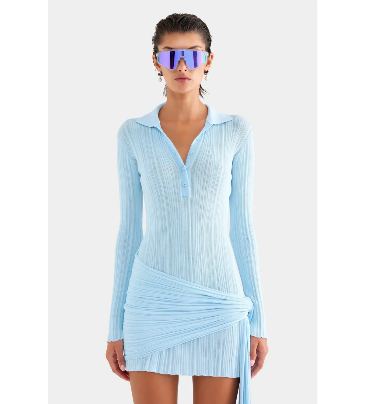 Venroy Collared Knit Mini Dress Powder Blue Size S/AU 8 - Image 2