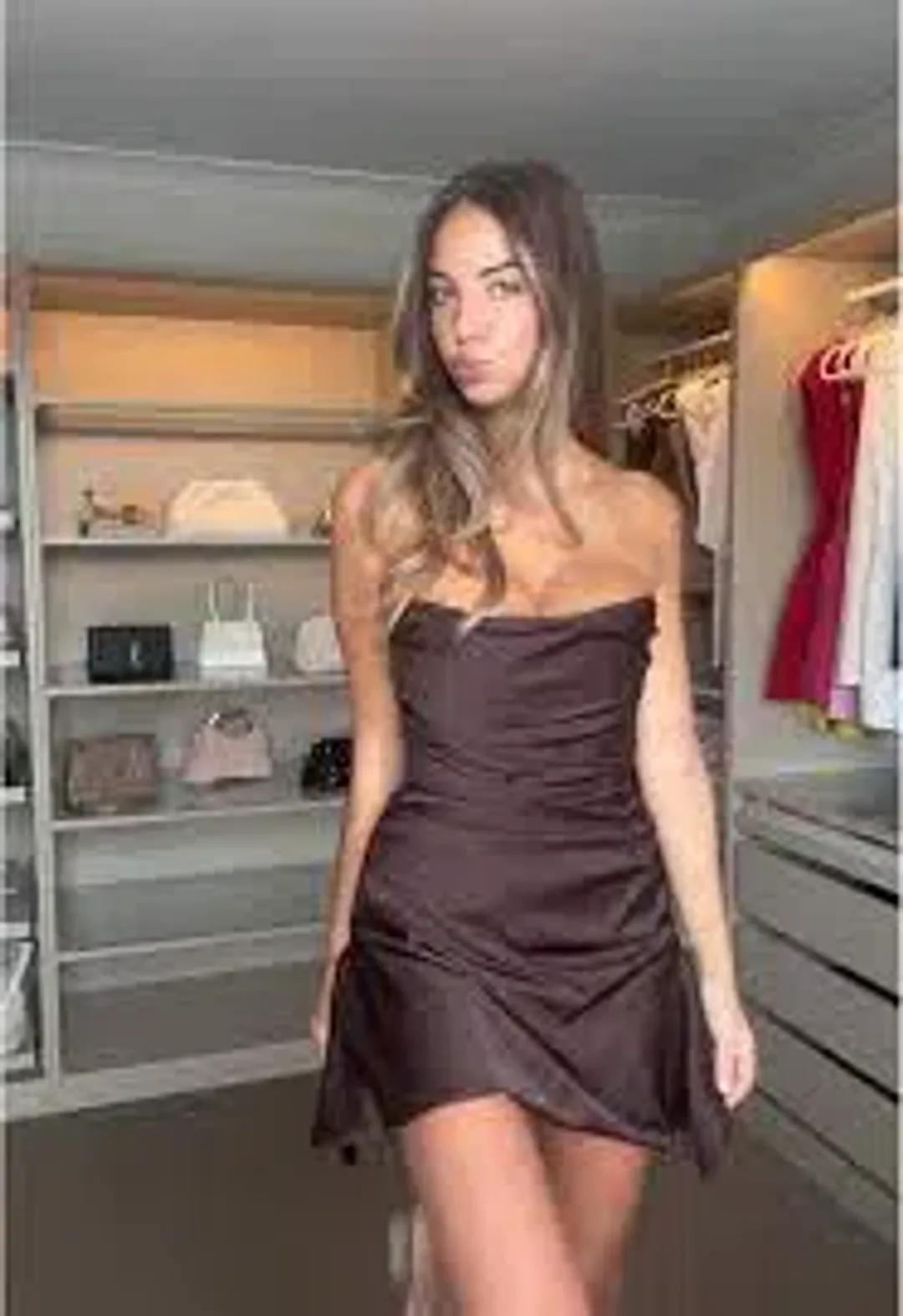 House of CB Jasmine Chocolate Satin Draped Mini Dress Brown Size AU 10 for rent on The Volte - main image