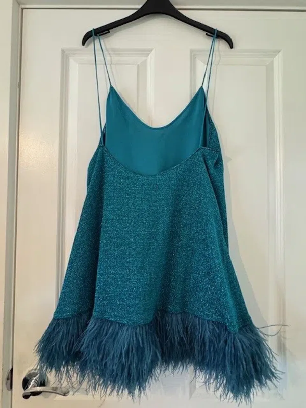 Oseree Lumiere Feather Trimmed Mini Dress Blue Size AU 10 - Image 6