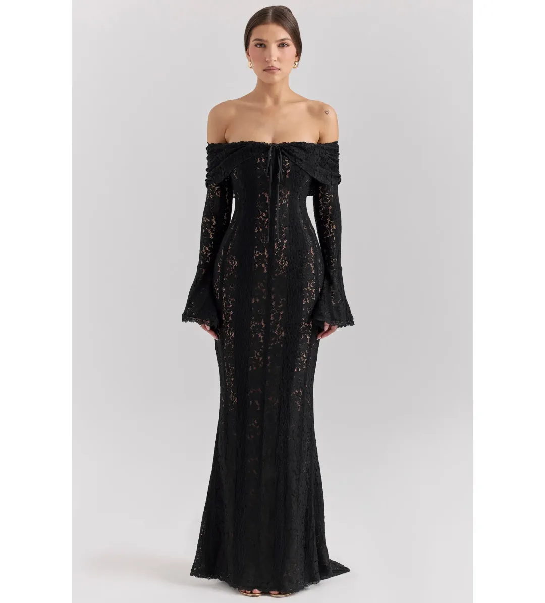 House of CB Belle Off Shoulder Floral Lace Maxi Dress Black Size AU 14 for rent on The Volte - main image