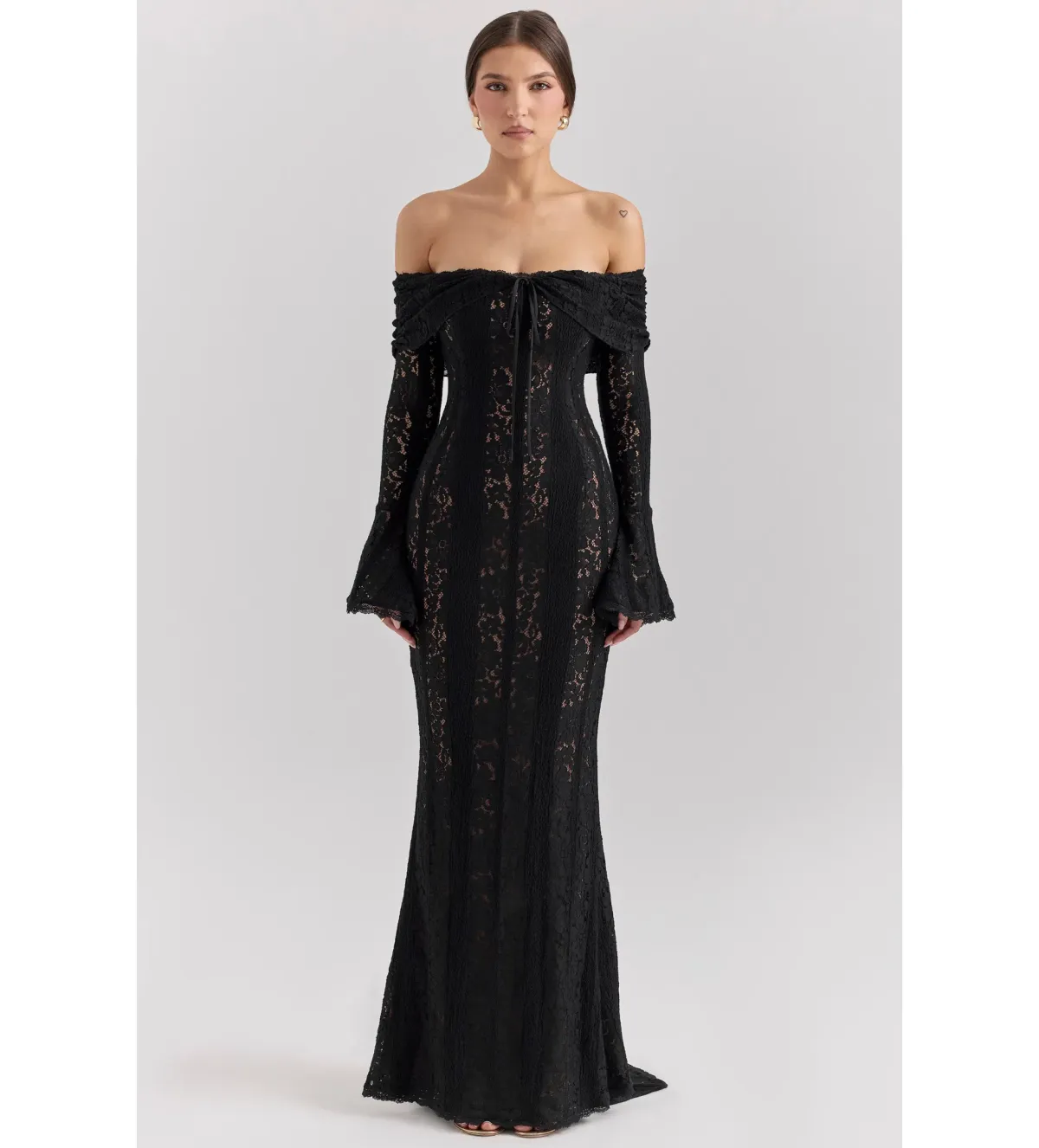 House of CB Belle Off Shoulder Floral Lace Maxi Dress Black Size AU 14 for rent on The Volte - main image