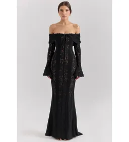 House of CB Belle Off Shoulder Floral Lace Maxi Dress Black Size AU 14 for rent on The Volte - image 1