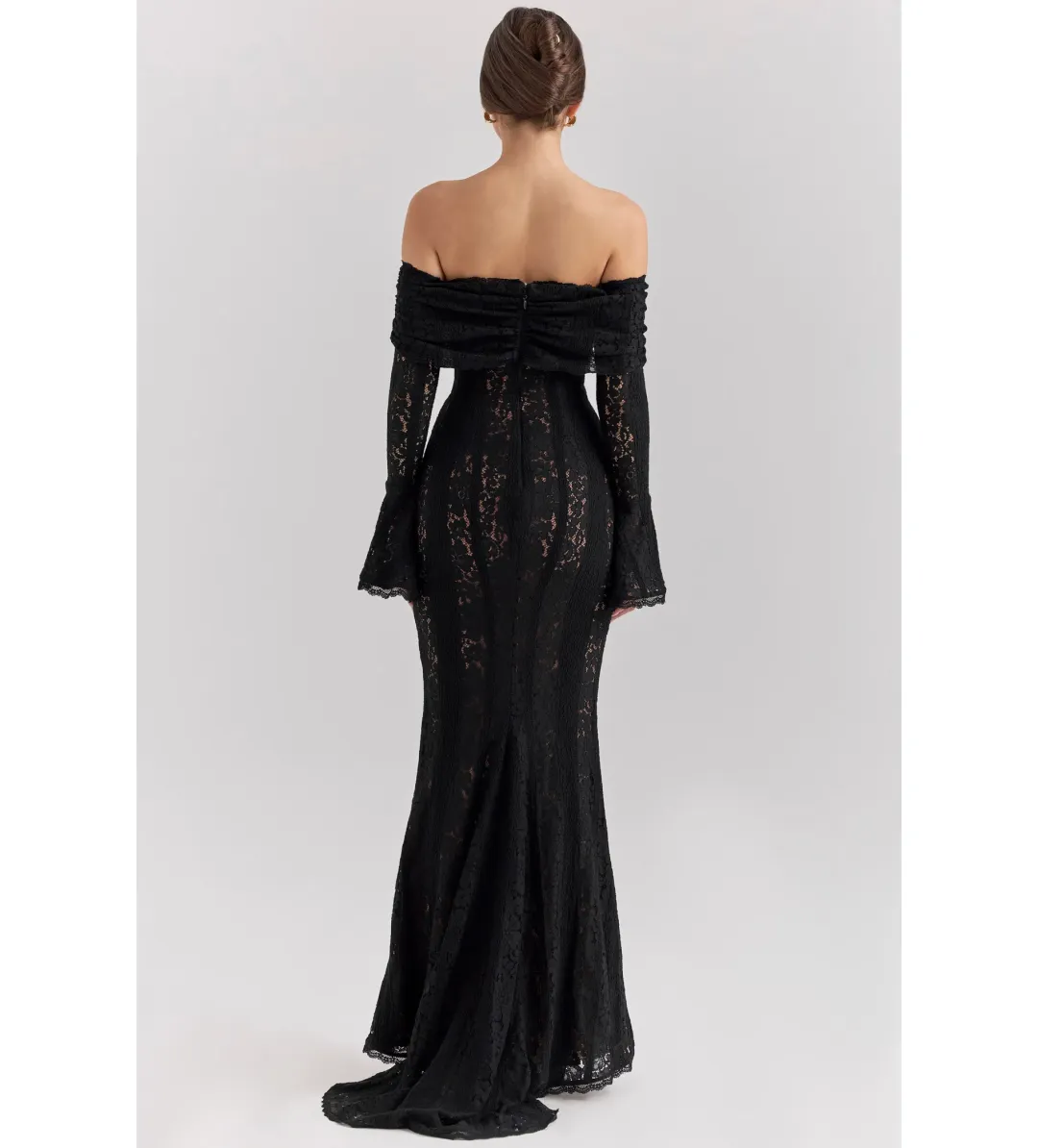 House of CB Belle Off Shoulder Floral Lace Maxi Dress Black Size AU 14 for rent on The Volte - main image