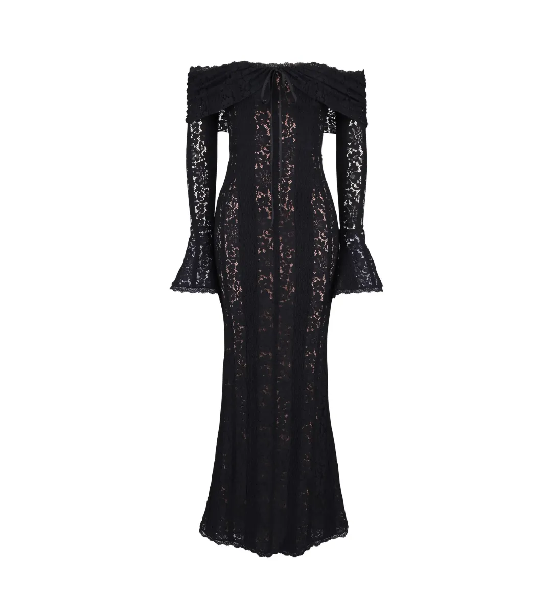 House of CB Belle Off Shoulder Floral Lace Maxi Dress Black Size AU 14 for rent on The Volte - main image