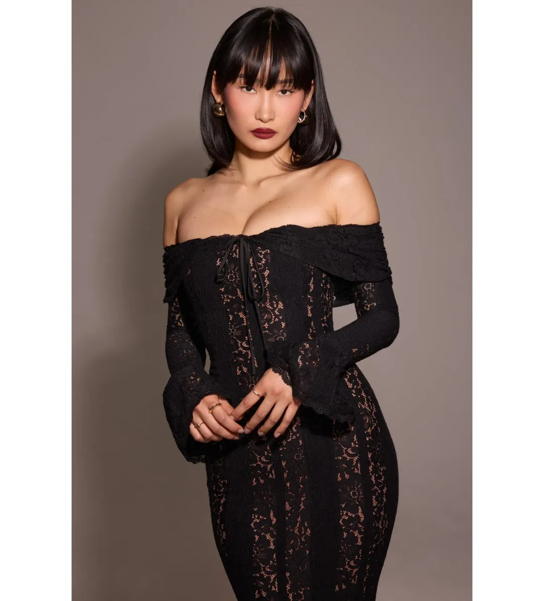 House of CB Belle Off Shoulder Floral Lace Maxi Dress Black Size AU 14 for rent on The Volte - main image
