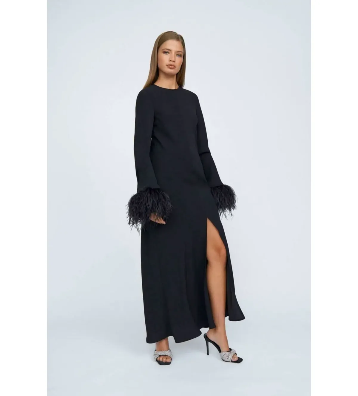 By Johnny Miranda Feather Cuff Full Length Dress Black Size 12 - Image 1