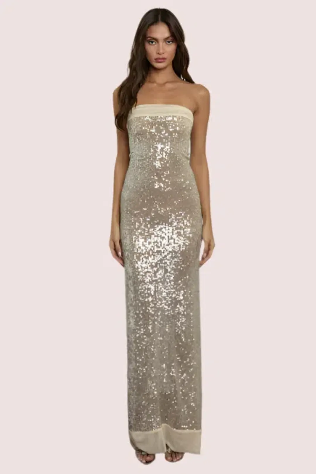 Fait Par Foutch Elizabeth- Diamond Soft Stretch sequin dress in Beige Size AU 8 for rent on The Volte - main image