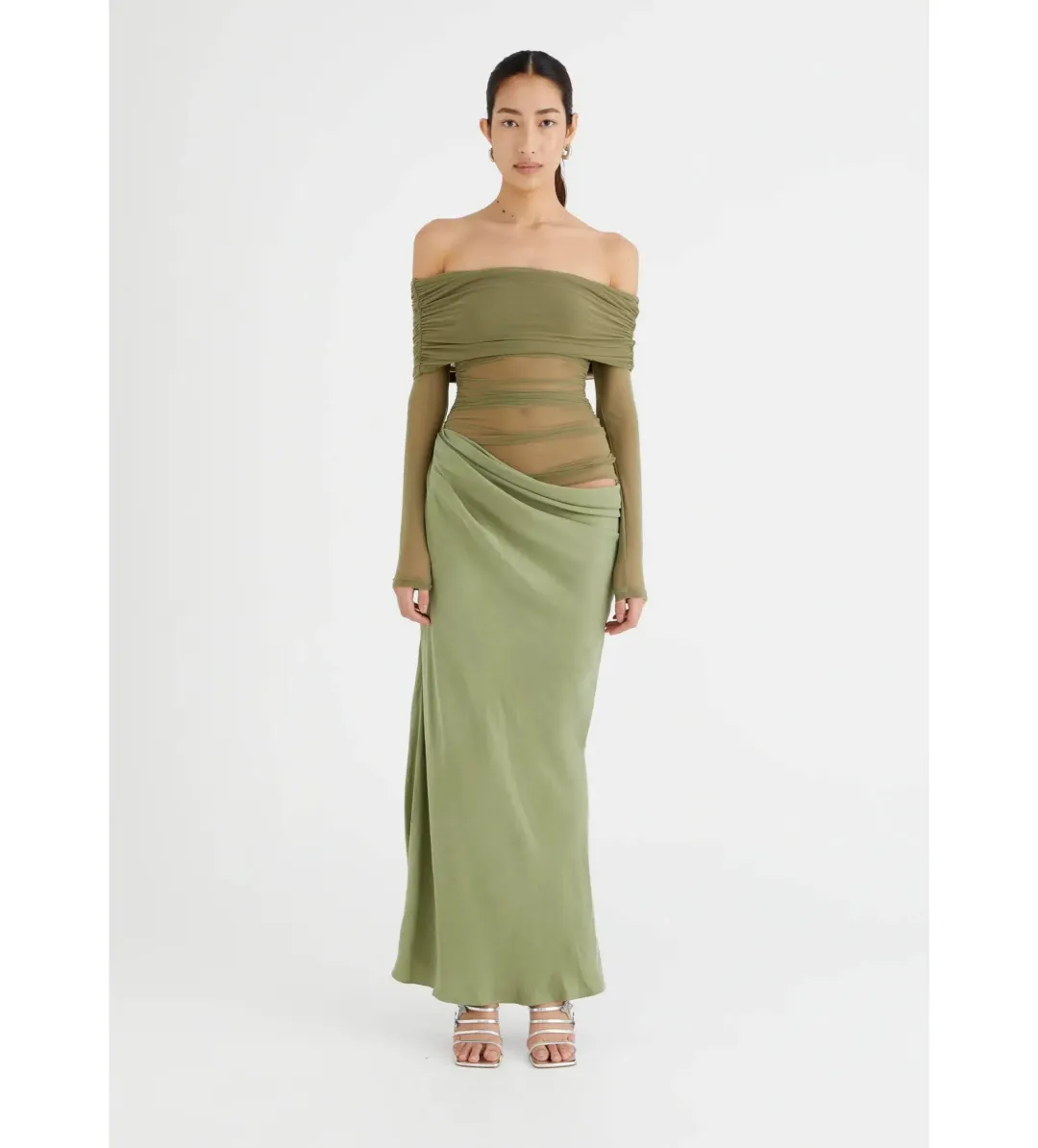Benni Yasmin Off Shoulder Maxi in Pistachio Size 12 for rent on The Volte - main image