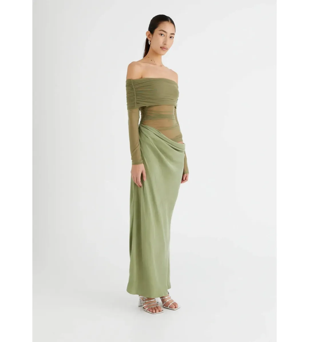 Benni Yasmin Off Shoulder Maxi in Pistachio Size 12 for rent on The Volte - main image