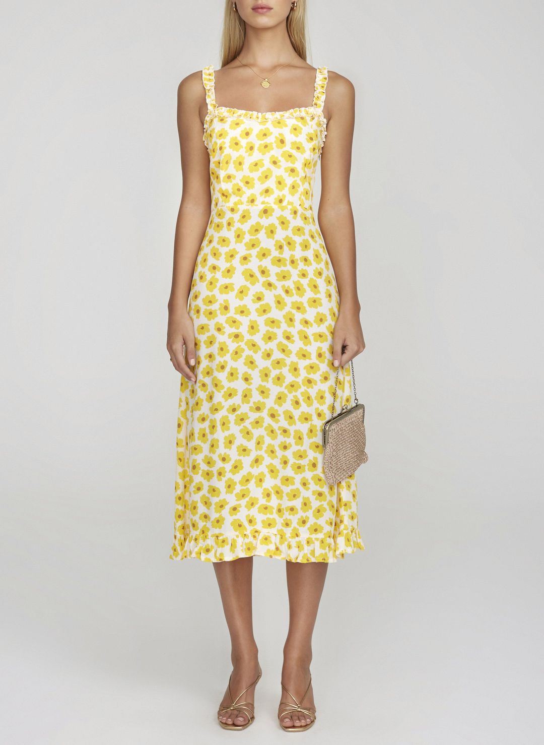 Faithfull the Brand Noemie Midi Dress Constance Floral Print Marigold Size 8 for rent on The Volte - main image