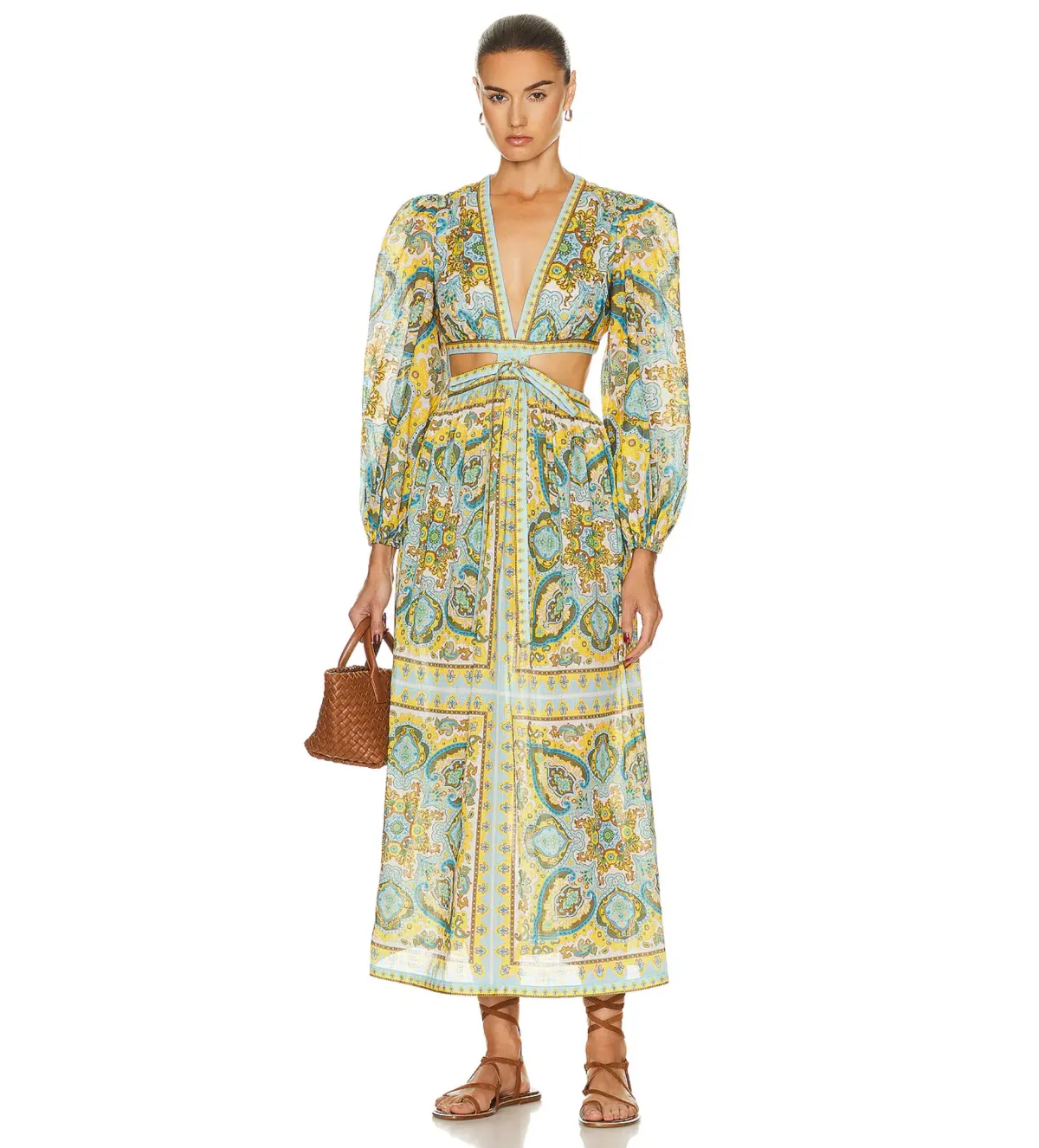 Zimmermann Halcyon Tie Front Midi Dress Blue Yellow Paisley Size 12 - Image 1