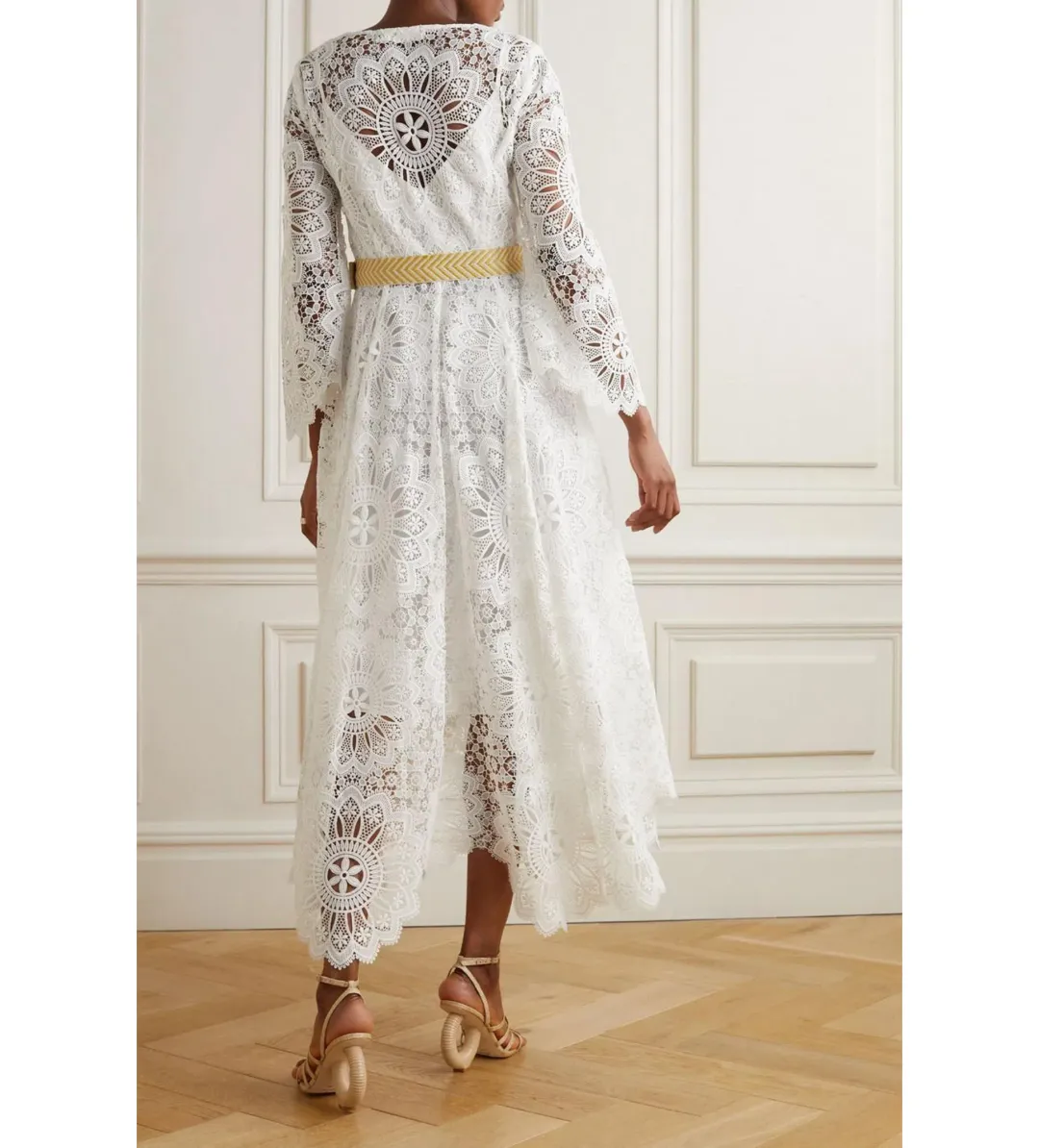 Zimmermann Chintz Doily Belted Asymmetric Guipure Lace Midi Dress White Size 2/Au 12 for rent on The Volte - main image