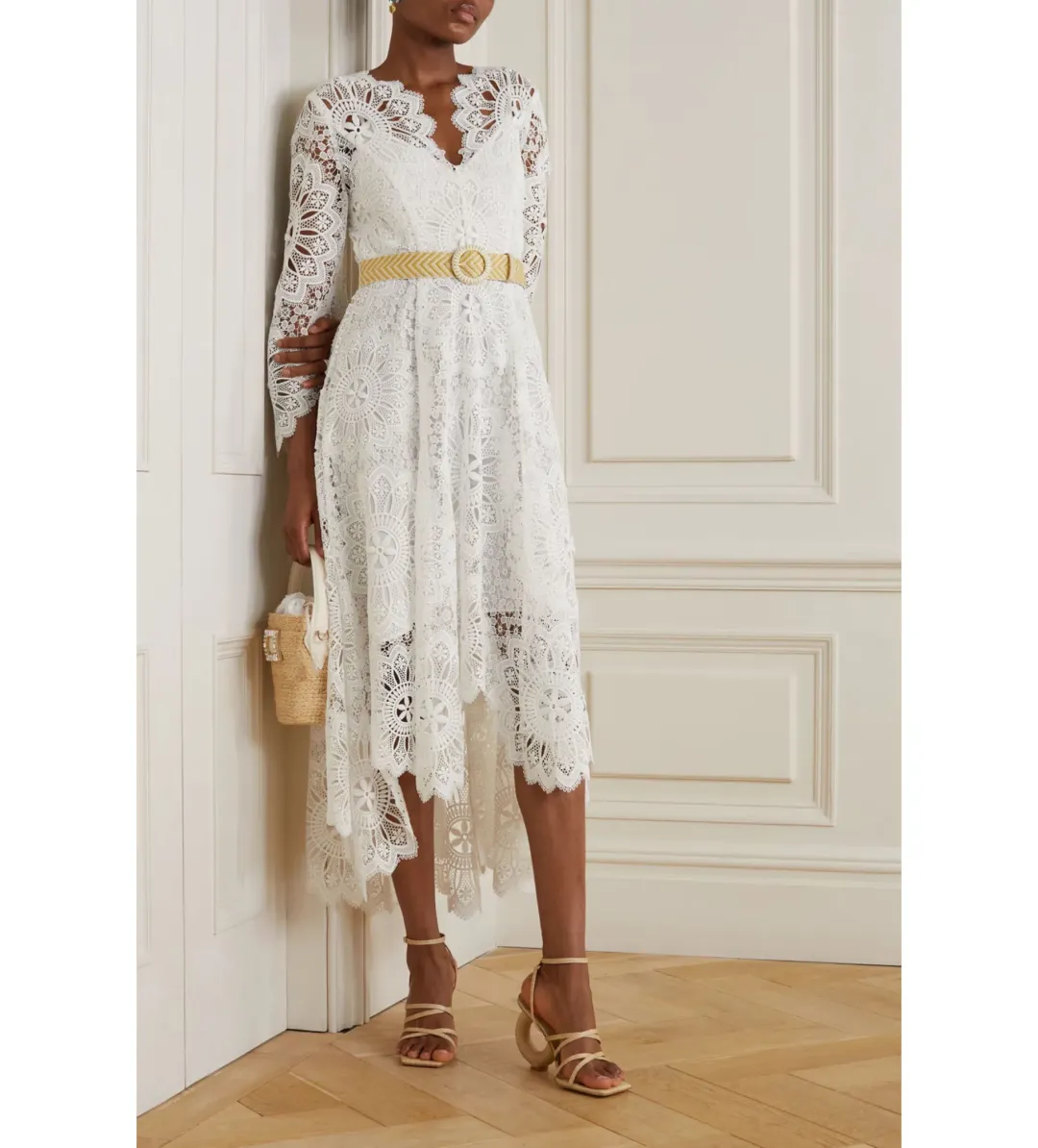Zimmermann Chintz Doily Belted Asymmetric Guipure Lace Midi Dress White Size 2/Au 12 for rent on The Volte - main image