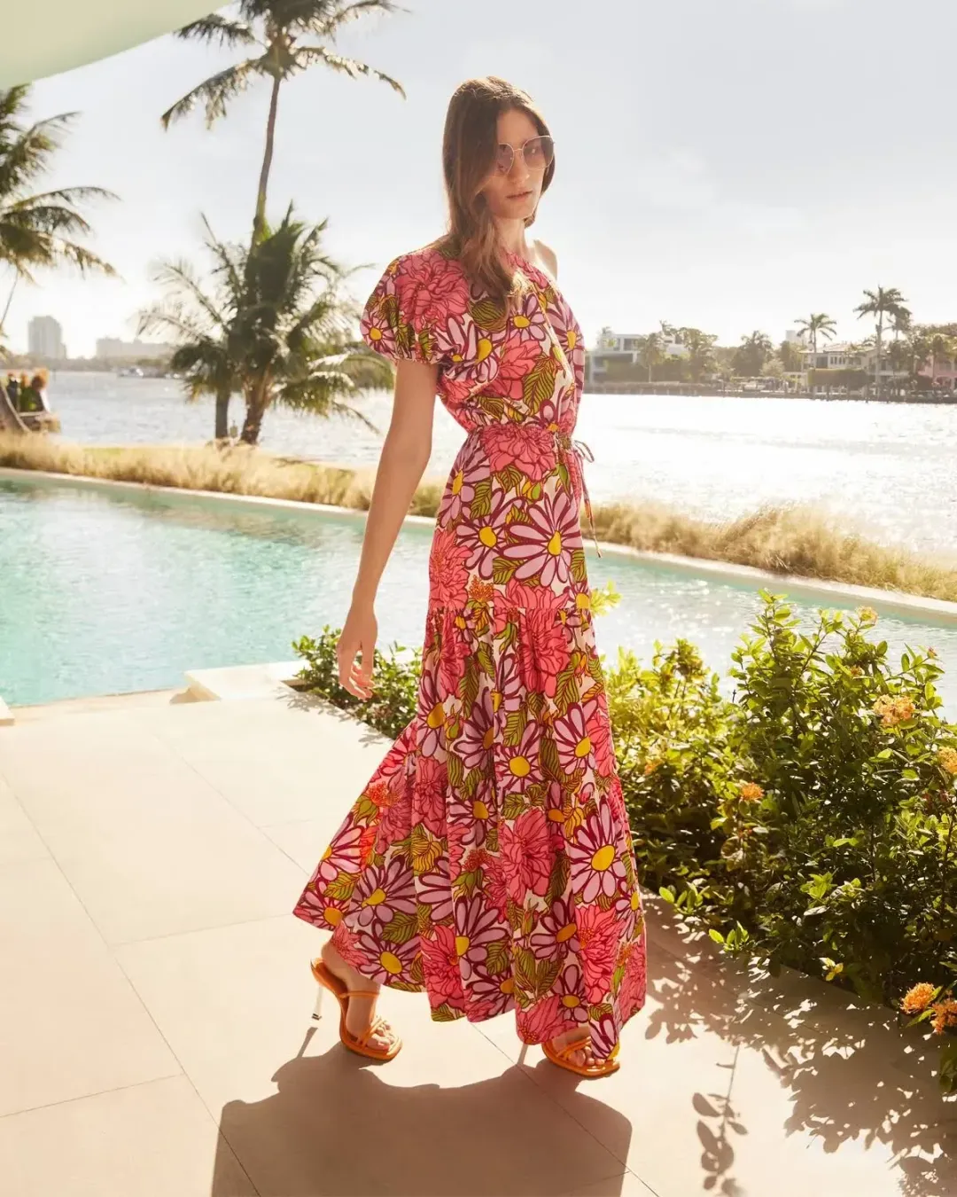 S/W/F Frida One Shoulder Puff Sleeve Maxi Dress Floral Pink Size L / Au 14 for rent on The Volte - main image