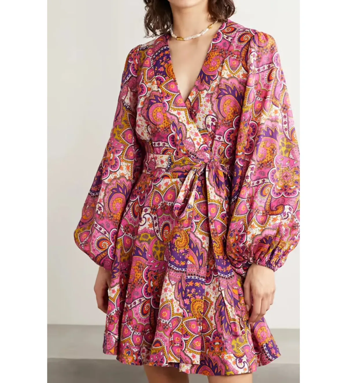 Zimmermann Paisley Fiesta Linen Wrap Mini Dress in Pink Size AU 14 - Image 2