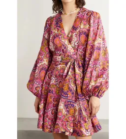 Zimmermann Paisley Fiesta Linen Wrap Mini Dress in Pink Size AU 14 for rent on The Volte - image 2