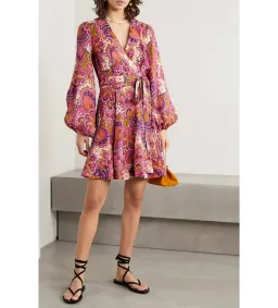 Zimmermann Paisley Fiesta Linen Wrap Mini Dress in Pink Size AU 14 for rent on The Volte - image 1