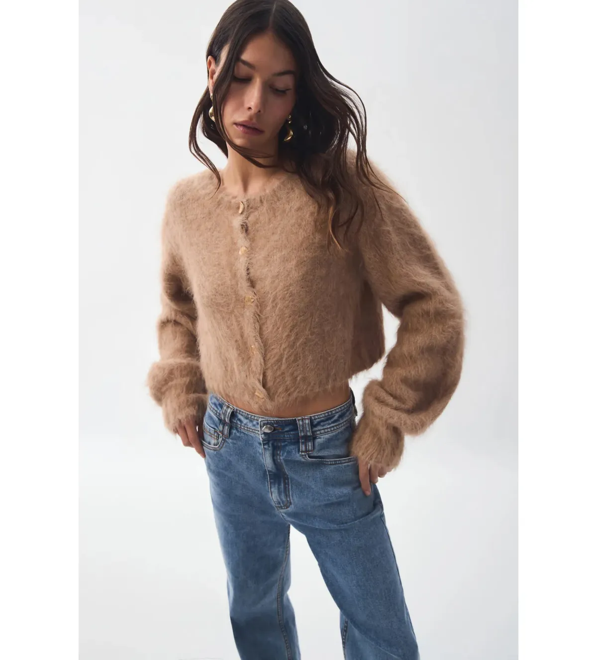 Aje Celine Fluffy Cardigan in Camel S / AU 8 - Image 2