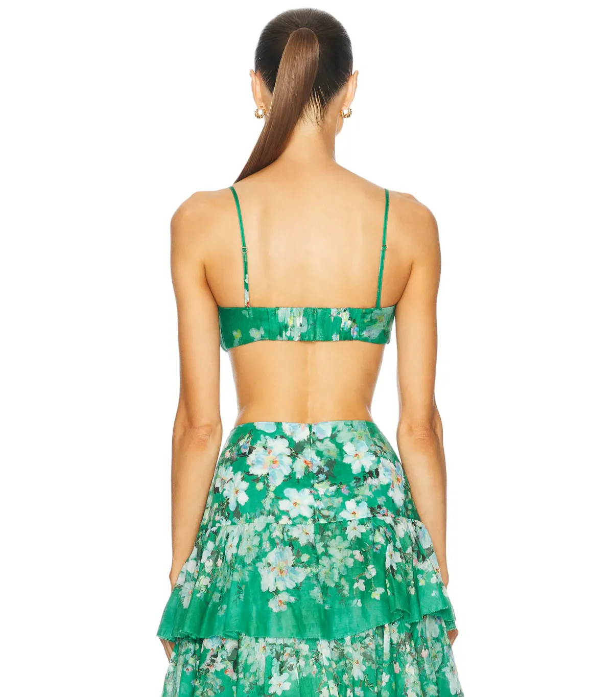 Zimmermann Everley Draped Bow Bralette and Tiered Midi Skirt Set in Green Watercolour Floral Size 8/XS - Image 5