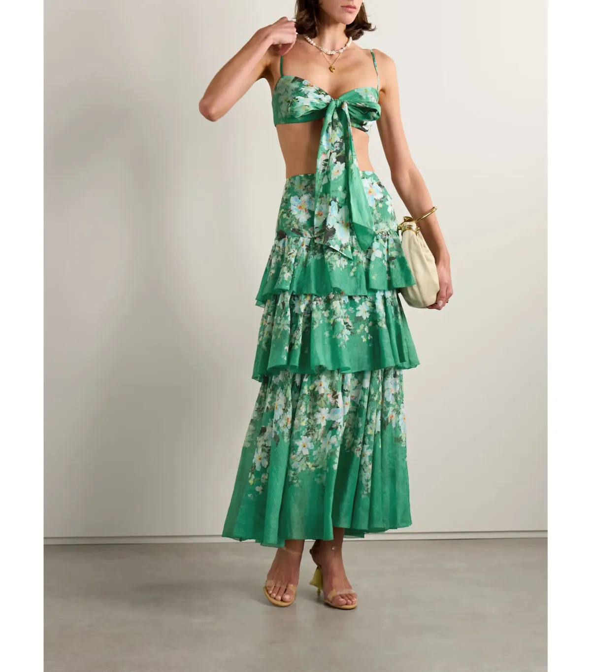 Zimmermann Everley Draped Bow Bralette and Tiered Midi Skirt Set in Green Watercolour Floral Size 8/XS - Image 1