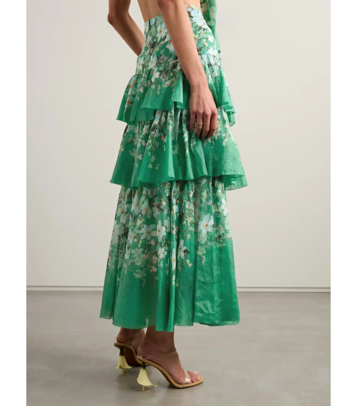 Zimmermann Everley Draped Bow Bralette and Tiered Midi Skirt Set in Green Watercolour Floral Size 8/XS - Image 2