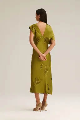 Scanlan Theodare Beaded Satin Draped Dress in Green Size 10 for rent on The Volte - image 2