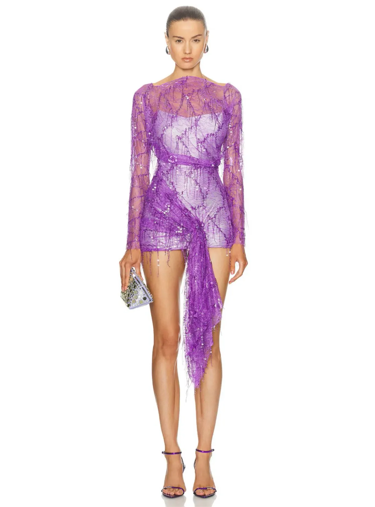 Christopher Esber Encased Beaded Ivy Lace Long Sleeve Mini Dress Grape Size 12 - Image 1