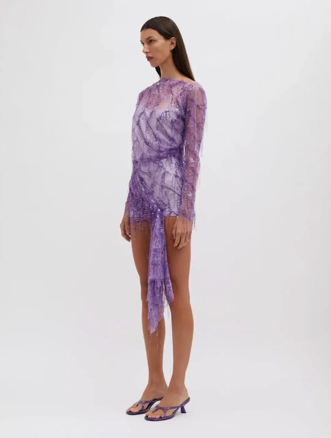 Christopher Esber Encased Beaded Ivy Lace Long Sleeve Mini Dress Grape Size 12 for rent on The Volte - main image
