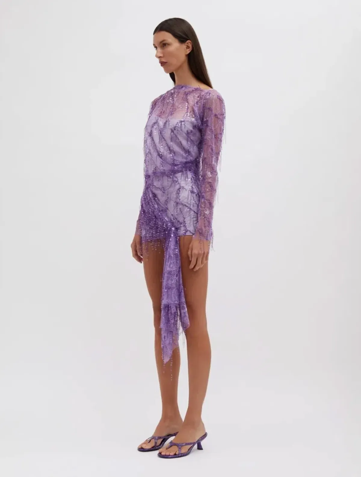 Christopher Esber Encased Beaded Ivy Lace Long Sleeve Mini Dress Grape Size 12 - Image 5