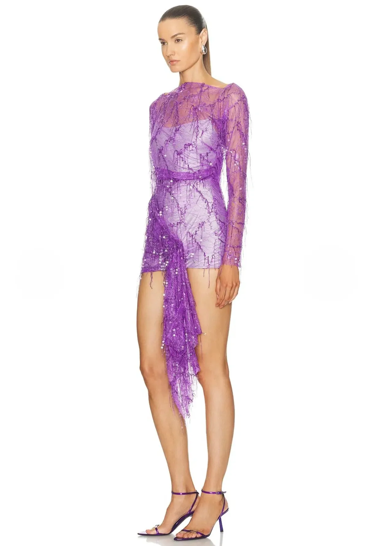 Christopher Esber Encased Beaded Ivy Lace Long Sleeve Mini Dress Grape Size 12 - Image 3
