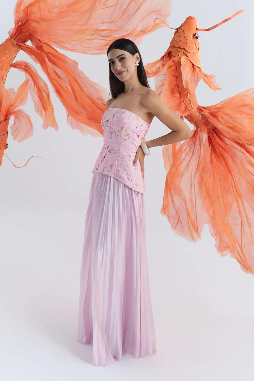 Justin Tong Cascade Pleated Gown Pink Size 12 for rent on The Volte - main image