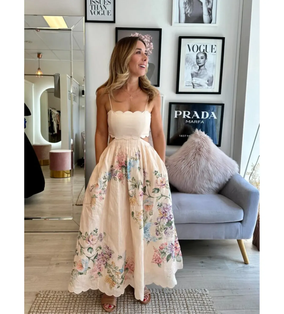 ZImmermann The Halliday Scallop Midi Dress in Cream Watercolour Floral Size 0/AU 8 - Image 2