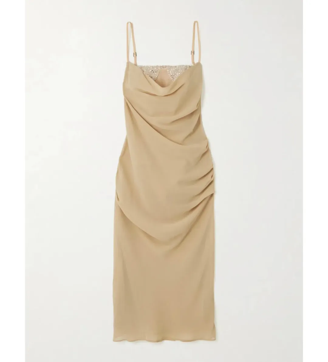 The Attico Crystal Embellished Draped Crepe Bustier Midi Dress Beige Size 8 for rent on The Volte - main image