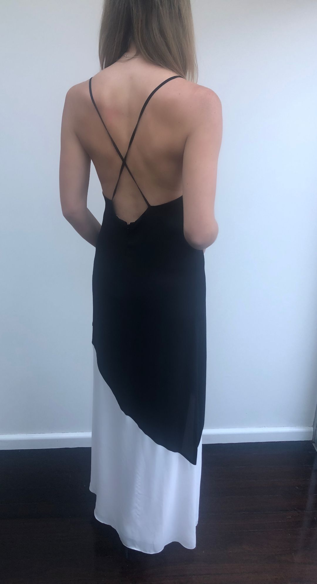 Alice and Olivia Maggie Two Tone Crepe De Chine Maxi Dress Black/White Size 4 for rent on The Volte - main image