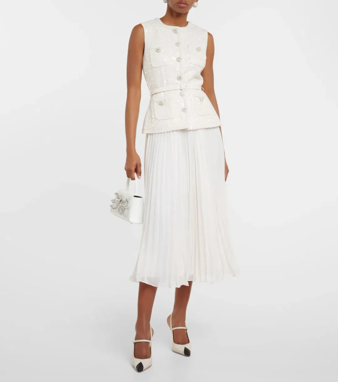 Self-portrait Sequined Bouclé Midi Dress White Size AU 12 for rent on The Volte - main image