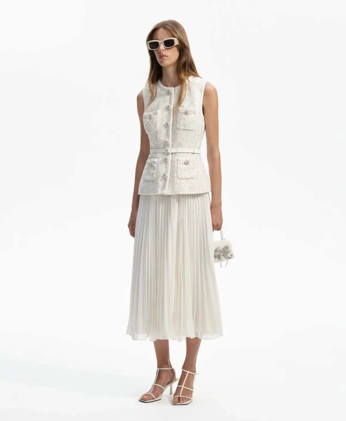 Self Portrait Sequined Bouclé Midi Dress in Cream Size 10 - Image 3