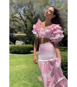 Mackenzie Mode Storybook Top and Maxi Skirt Pink White Set Size 6/XS for rent on The Volte - image 3